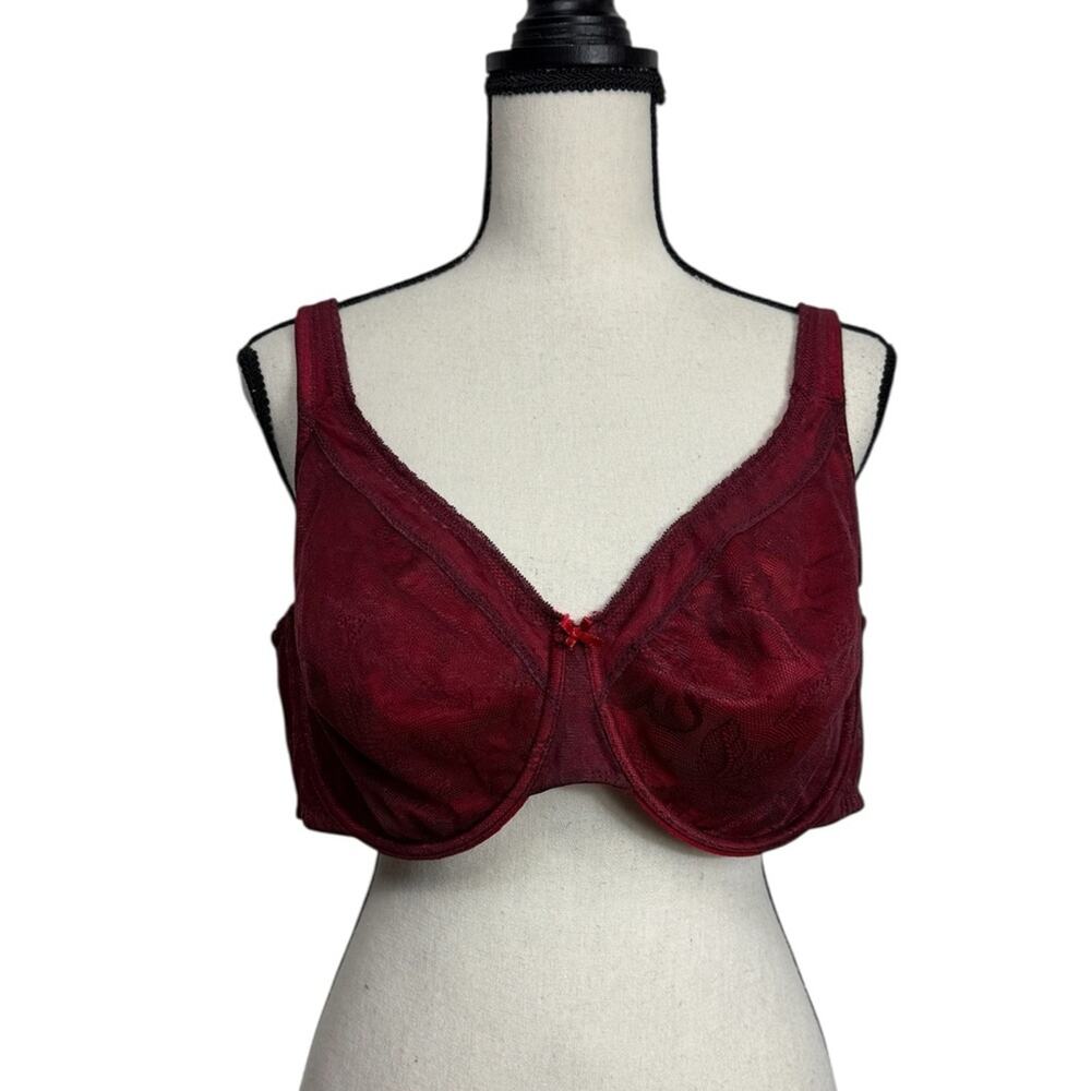 Cacique Mesh‎ Lace Elegant Burgundy Bra 42DD Unlined Full Coverage